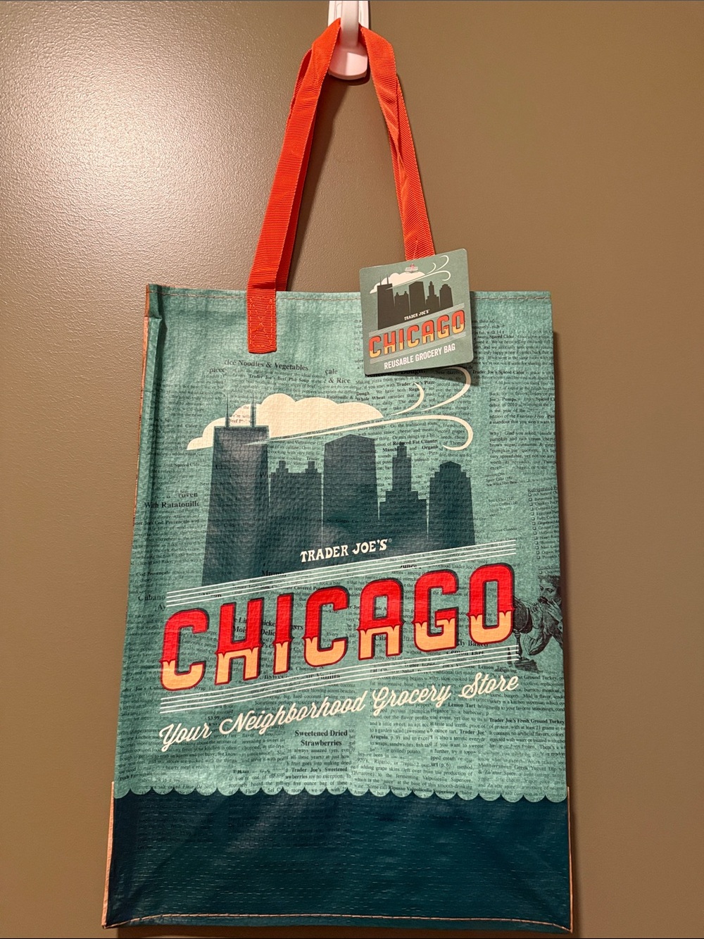 Trader Joe's Chicago Reusable Tote Bag - Teal with Orange Handles